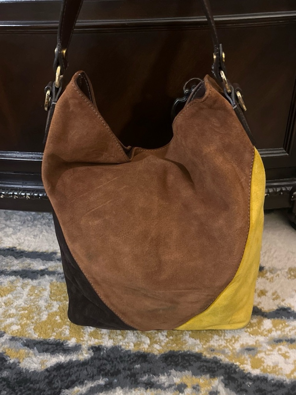 Suede Colorblock Hobo Bag - Brown, Black & Yellow